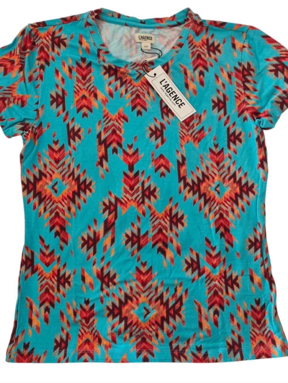 L'AGENCE Ressi Turquoise Southwestern Print Short Sleeve Top Size Small T-Shirt